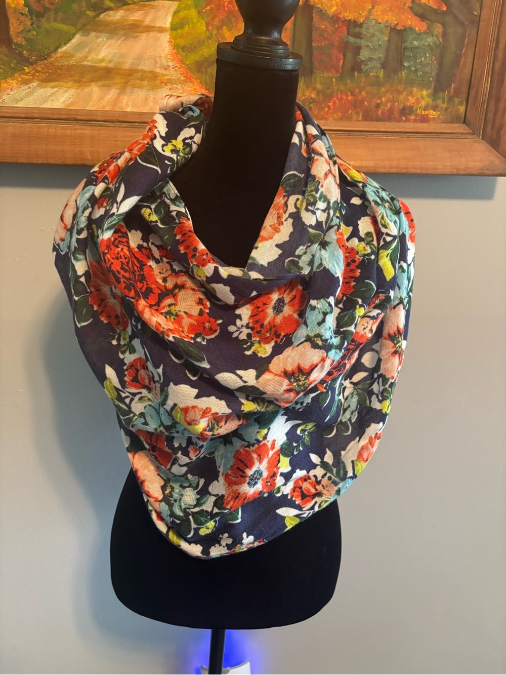 Lands' End Navy Floral Fringe Scarf with Orange, Teal & Cream Blooms - Picture 2 of 5